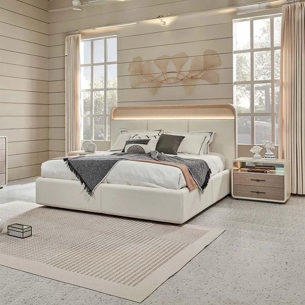 تخت خواب کینگ 180x200 مدل Libra از Danube Home به همراه 2 پاتختی با LED و میز آرایش با آینه + صندلی - قهوه ای روشن/بژ تخت خواب کینگ 180x200 مدل Libra از Danube Home به همراه 2 پاتختی با LED و میز آرایش با آینه + صندلی - قهوه ای روشن/بژ