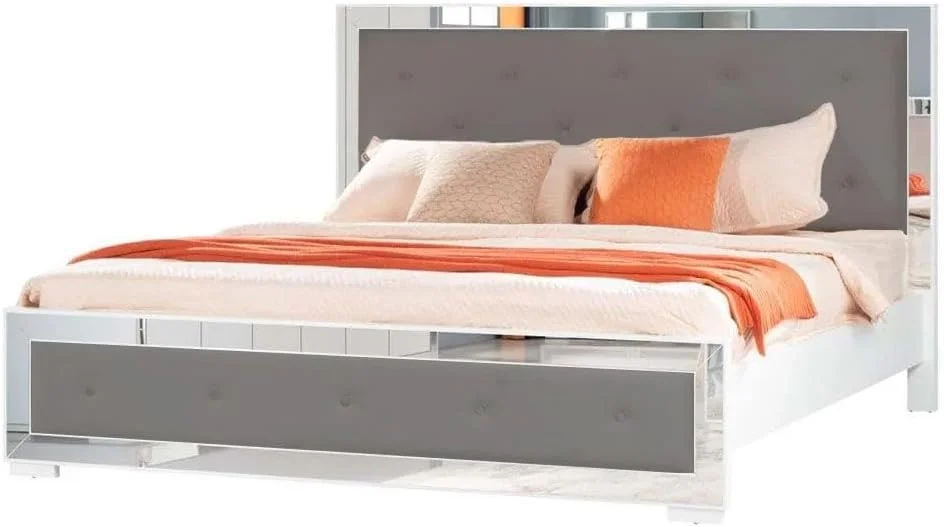 تخت خواب سوپر کینگ 200x200 مدل Ezekiel از Danube Home | طراحی مدرن و مستحکم، مبلمان قاب تخت خواب دو نفره چوبی | تخت خواب های آرام و راحت (تشک شامل نمی شود) ابعاد: طول 212xعرض 209.5xارتفاع 120 سانتی متر - سفید/نقره ای