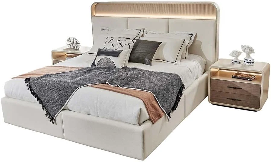 تخت خواب کینگ 180x200 مدل Libra از Danube Home به همراه 2 پاتختی با LED و میز آرایش با آینه + صندلی - قهوه ای روشن/بژ تخت خواب کینگ 180x200 مدل Libra از Danube Home به همراه 2 پاتختی با LED و میز آرایش با آینه + صندلی - قهوه ای روشن/بژ