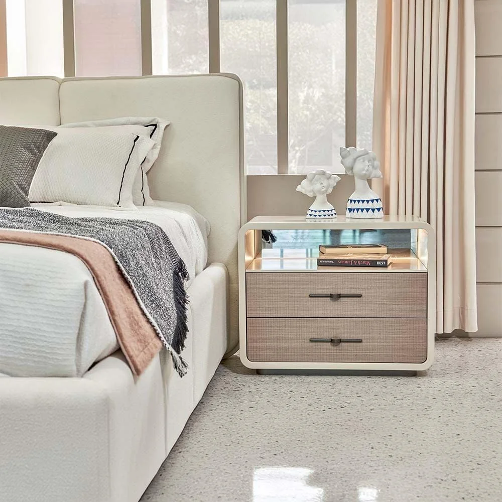 تخت خواب کینگ 180x200 مدل Libra از Danube Home به همراه 2 پاتختی با LED و میز آرایش با آینه + صندلی - قهوه ای روشن/بژ تخت خواب کینگ 180x200 مدل Libra از Danube Home به همراه 2 پاتختی با LED و میز آرایش با آینه + صندلی - قهوه ای روشن/بژ