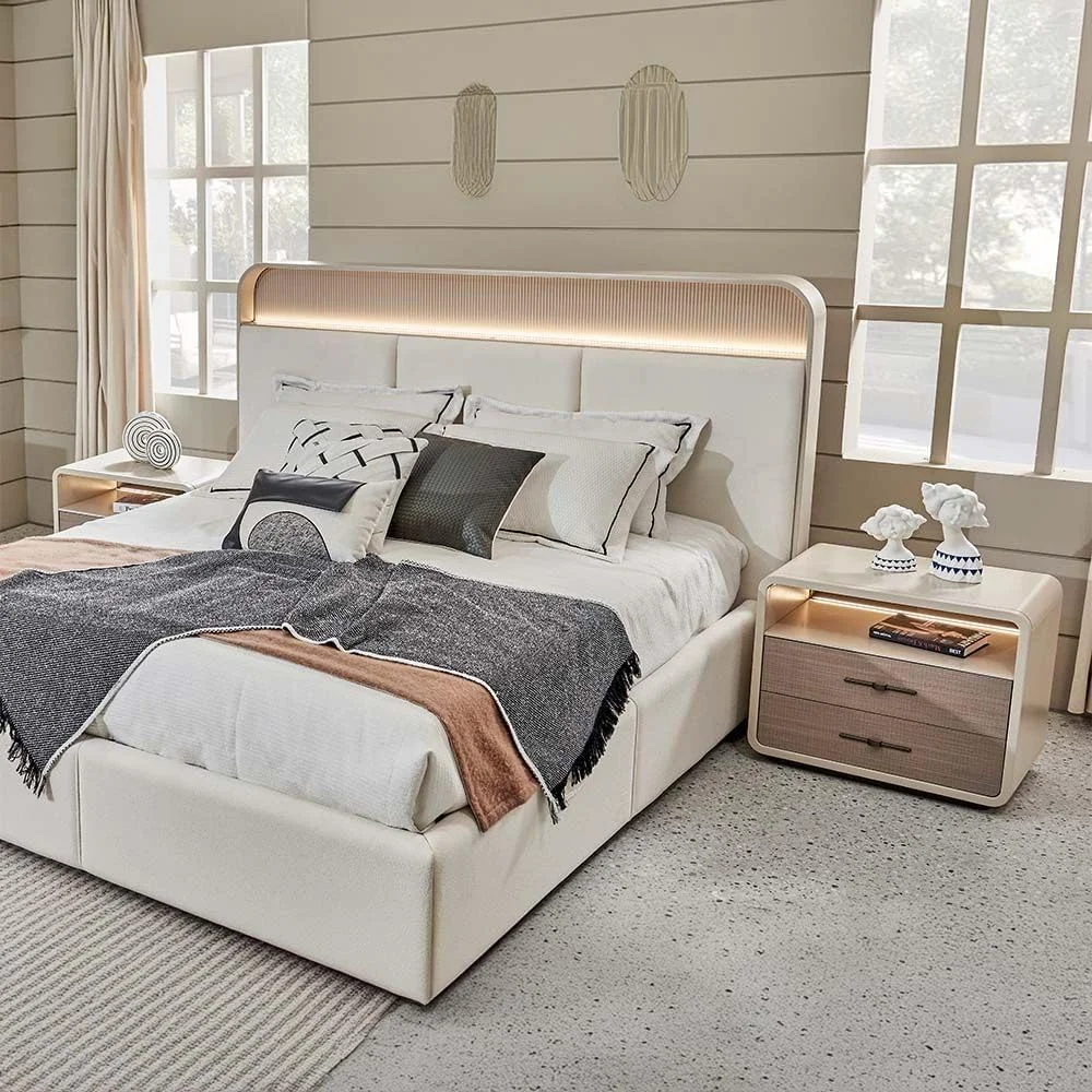 تخت خواب کینگ 180x200 مدل Libra از Danube Home به همراه 2 پاتختی با LED و میز آرایش با آینه + صندلی - قهوه ای روشن/بژ تخت خواب کینگ 180x200 مدل Libra از Danube Home به همراه 2 پاتختی با LED و میز آرایش با آینه + صندلی - قهوه ای روشن/بژ