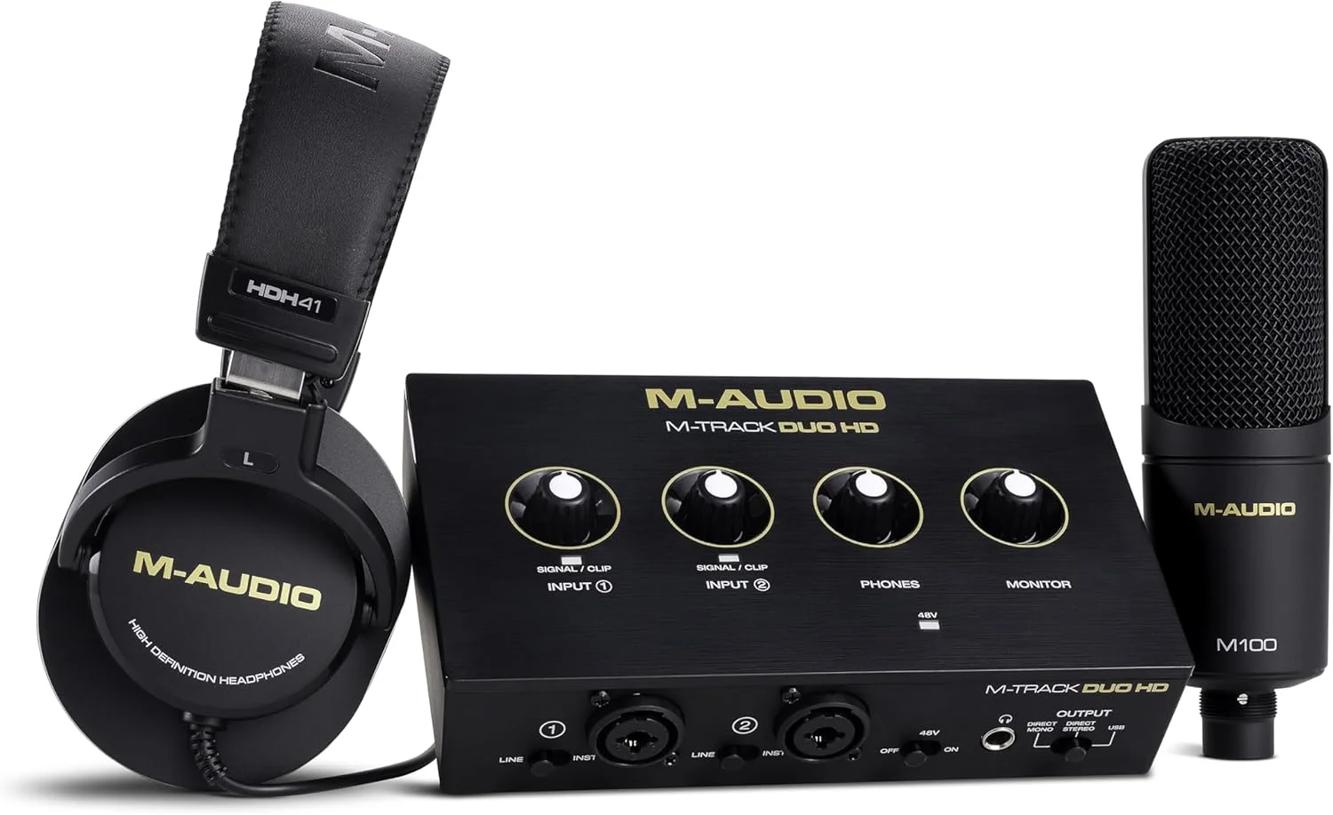 پکیج تولید کننده M-AUDIO M-Track Duo HD شامل کارت صدای M-Track Duo HD، میکروفون کاندنسر M100 و هدفون مانیتورینگ استودیویی HDH41 برای ضبط، تولیدکنندگان، تولیدکنندگان محتوا و پادکسترها