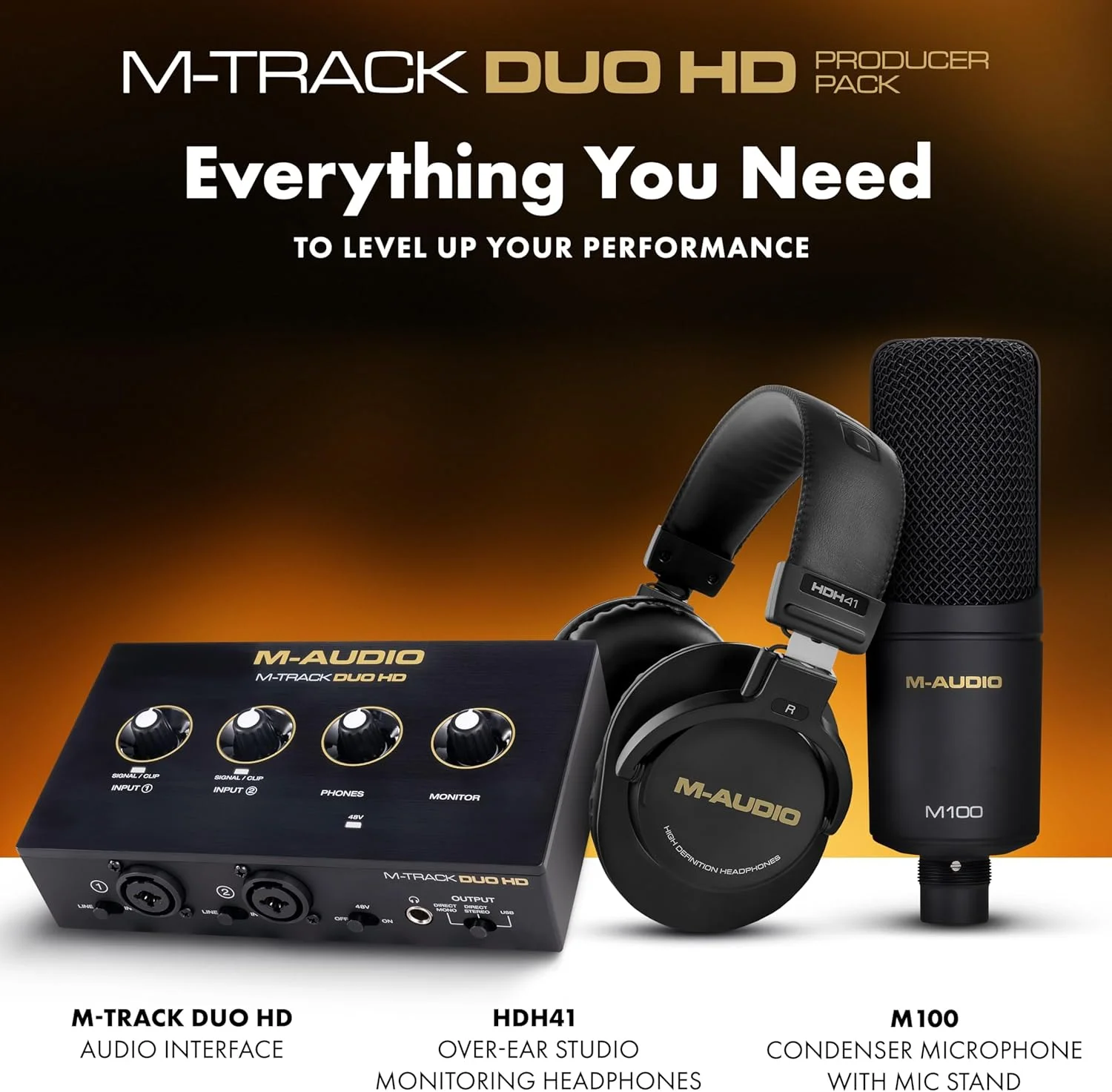 پکیج تولید کننده M-AUDIO M-Track Duo HD شامل کارت صدای M-Track Duo HD، میکروفون کاندنسر M100 و هدفون مانیتورینگ استودیویی HDH41 برای ضبط، تولیدکنندگان، تولیدکنندگان محتوا و پادکسترها پکیج تولید کننده M-AUDIO M-Track Duo HD شامل کارت صدای M-Track Duo HD، میکروفون کاندنسر M100 و هدفون مانیتورینگ استودیویی HDH41 برای ضبط، تولیدکنندگان، تولیدکنندگان محتوا و پادکسترها