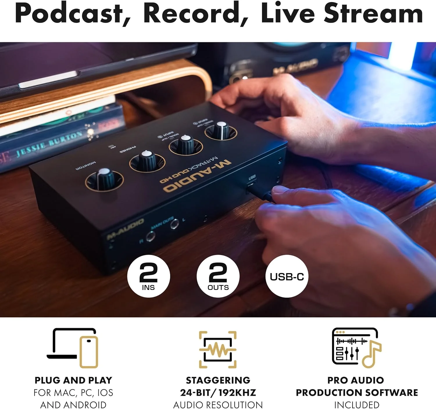 پکیج تولید کننده M-AUDIO M-Track Duo HD شامل کارت صدای M-Track Duo HD، میکروفون کاندنسر M100 و هدفون مانیتورینگ استودیویی HDH41 برای ضبط، تولیدکنندگان، تولیدکنندگان محتوا و پادکسترها پکیج تولید کننده M-AUDIO M-Track Duo HD شامل کارت صدای M-Track Duo HD، میکروفون کاندنسر M100 و هدفون مانیتورینگ استودیویی HDH41 برای ضبط، تولیدکنندگان، تولیدکنندگان محتوا و پادکسترها