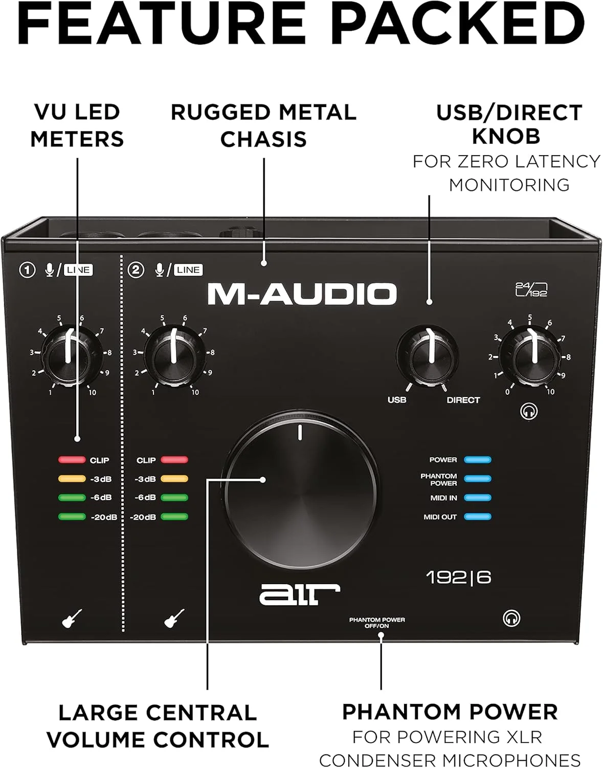 کارت صدای USB/MIDI M-Audio AIR 192|6 - 2 ورودی/ 2 خروجی به همراه نرم افزار ضبط صدا از Pro-Tools و Ableton Live به علاوه افکت ها و سازهای استودیویی کارت صدای USB/MIDI M-Audio AIR 192|6 - 2 ورودی/ 2 خروجی به همراه نرم افزار ضبط صدا از Pro-Tools و Ableton Live به علاوه افکت ها و سازهای استودیویی