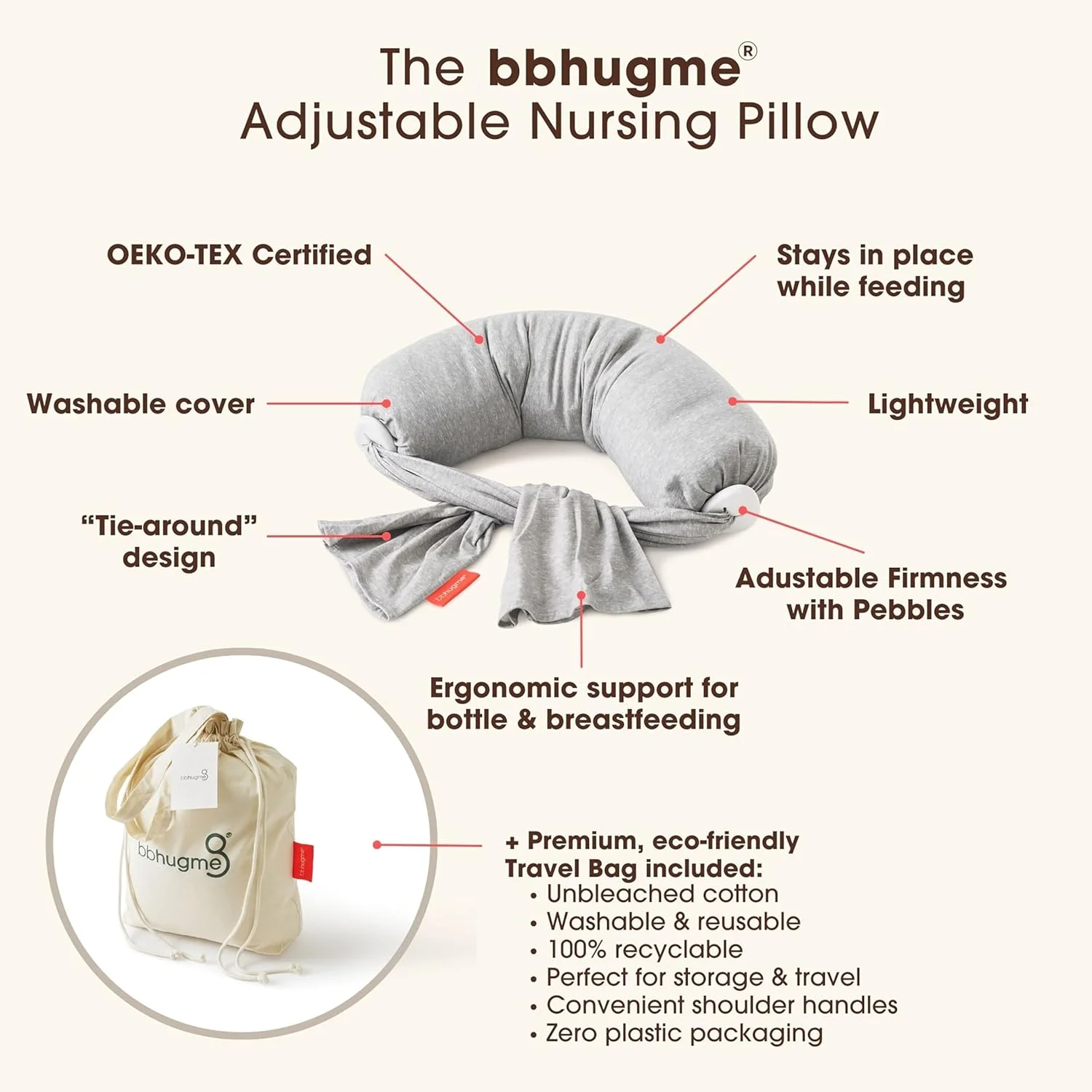 بالش شیردهی قابل تنظیم bbhugme - شیردهی مادر، تغذیه با شیشه، پشتیبانی از کودک - سفتی و تناسب قابل تنظیم - روکش بالش قابل شستشو - طوسی ملانژ بالش شیردهی قابل تنظیم bbhugme - شیردهی مادر، تغذیه با شیشه، پشتیبانی از کودک - سفتی و تناسب قابل تنظیم - روکش بالش قابل شستشو - طوسی ملانژ
