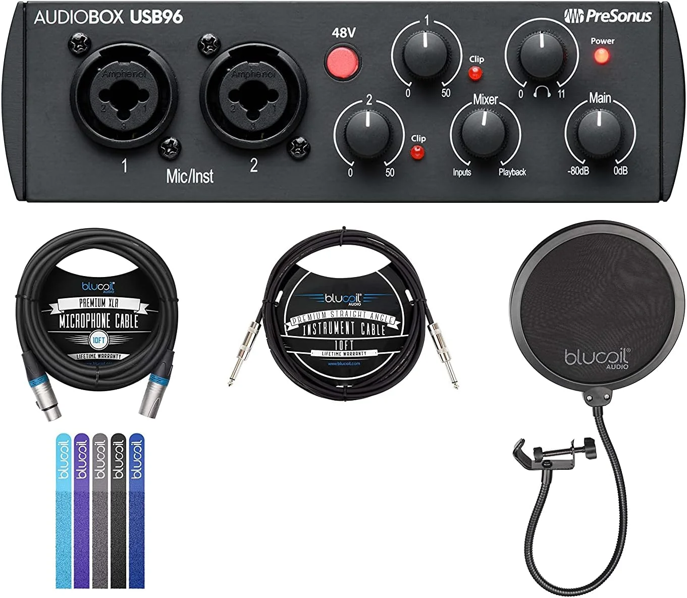 کارت صدای PreSonus AudioBox USB 96 نسخه 25 سالگی برای مک و ویندوز به همراه کابل ساز مستقیم Blucoil 10 اینچی (1/4 اینچ)، کابل XLR بالانس 10 فوتی، پاپ فیلتر و 5 عدد بست کابل
