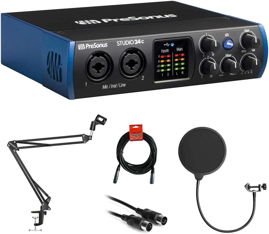 اینترفیس صوتی/MIDI پریسونوس Studio 24c 2x2 USB Type-C به همراه پاپ فیلتر Kellopy، کابل MIDI پیگ هاگ 6 فوتی و باندل کابل XLR