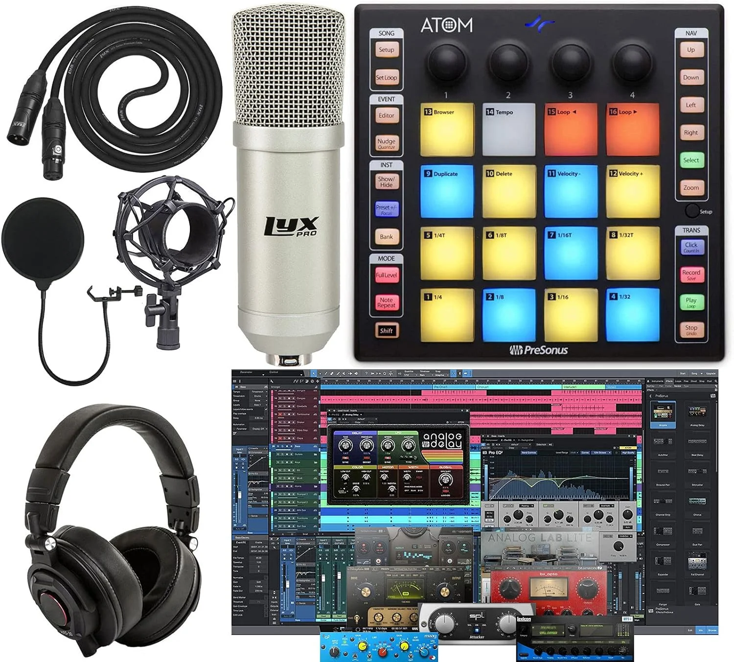 کنترلر پد تولید/MIDI و اجرای PreSonus ATOM به همراه میکروفون استودیویی حرفه ای و کیت ضبط