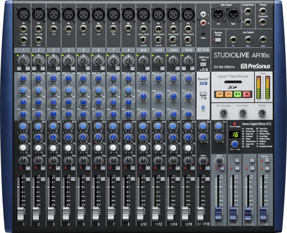 میکسر اجرای دیجیتال/آنالوگ هیبریدی 18 کاناله PreSonus StudioLive AR16c / کارت صدای سازگار با USB-C / ضبط کننده SD استریو با بسته نرم افزاری ضبط میکسر اجرای دیجیتال/آنالوگ هیبریدی 18 کاناله PreSonus StudioLive AR16c / کارت صدای سازگار با USB-C / ضبط کننده SD استریو با بسته نرم افزاری ضبط