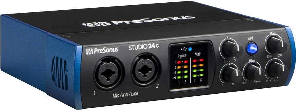 اینترفیس صوتی/MIDI پریسونوس Studio 24c 2x2 USB Type-C به همراه پاپ فیلتر Kellopy، کابل MIDI پیگ هاگ 6 فوتی و باندل کابل XLR