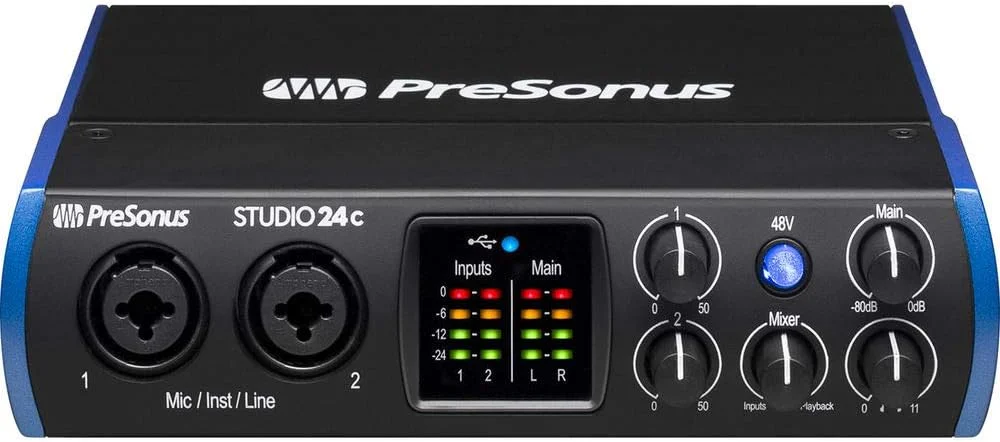 اینترفیس صوتی/MIDI پریسونوس Studio 24c 2x2 USB Type-C به همراه پاپ فیلتر Kellopy، کابل MIDI پیگ هاگ 6 فوتی و باندل کابل XLR