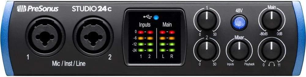 اینترفیس صوتی/MIDI پریسونوس Studio 24c 2x2 USB Type-C به همراه پاپ فیلتر Kellopy، کابل MIDI پیگ هاگ 6 فوتی و باندل کابل XLR