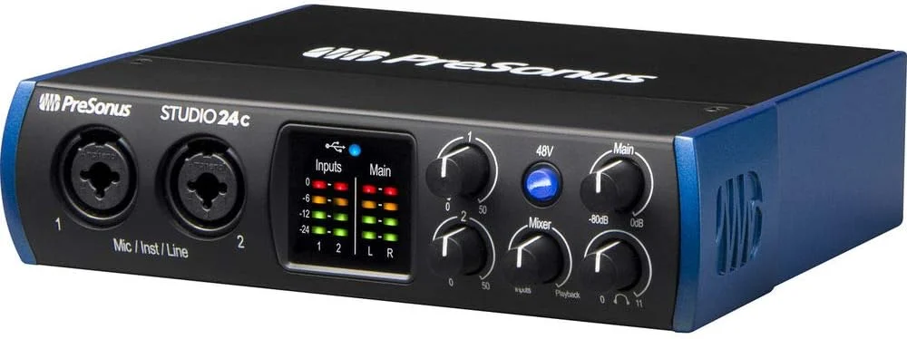 اینترفیس صوتی/MIDI پریسونوس Studio 24c 2x2 USB Type-C به همراه پاپ فیلتر Kellopy، کابل MIDI پیگ هاگ 6 فوتی و باندل کابل XLR