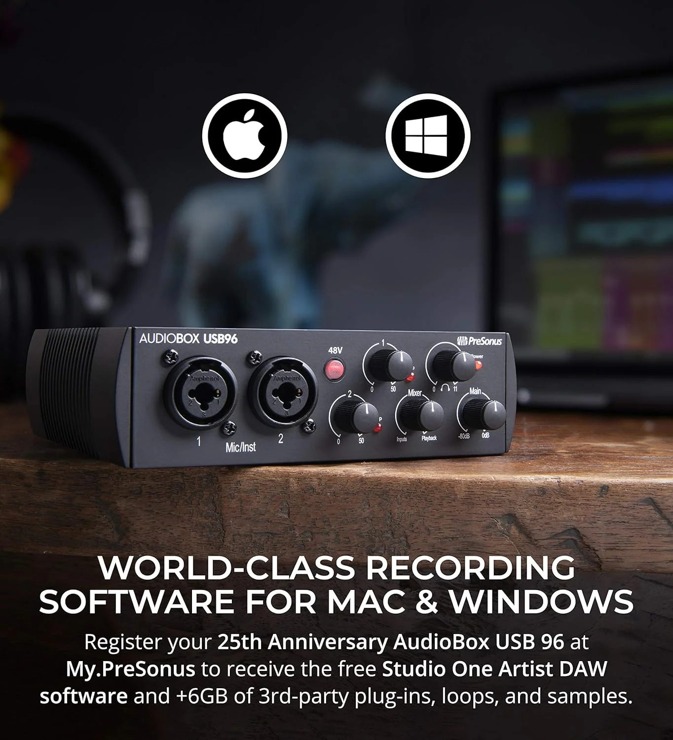 کارت صدای PreSonus AudioBox USB 96 نسخه 25 سالگی برای مک و ویندوز به همراه کابل ساز مستقیم Blucoil 10 اینچی (1/4 اینچ)، کابل XLR بالانس 10 فوتی، پاپ فیلتر و 5 عدد بست کابل کارت صدای PreSonus AudioBox USB 96 نسخه 25 سالگی برای مک و ویندوز به همراه کابل ساز مستقیم Blucoil 10 اینچی (1/4 اینچ)، کابل XLR بالانس 10 فوتی، پاپ فیلتر و 5 عدد بست کابل