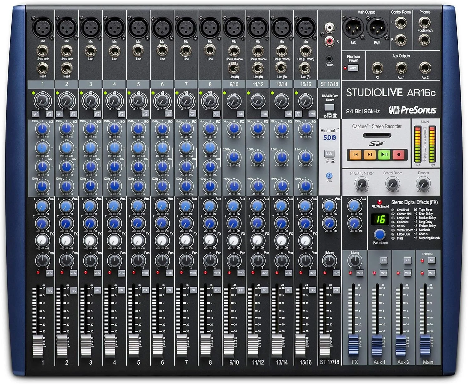 میکسر اجرای دیجیتال/آنالوگ 18 کاناله PreSonus StudioLive AR16c / رابط صوتی سازگار با USB-C / ضبط کننده SD استریو به همراه بسته نرم افزاری ضبط