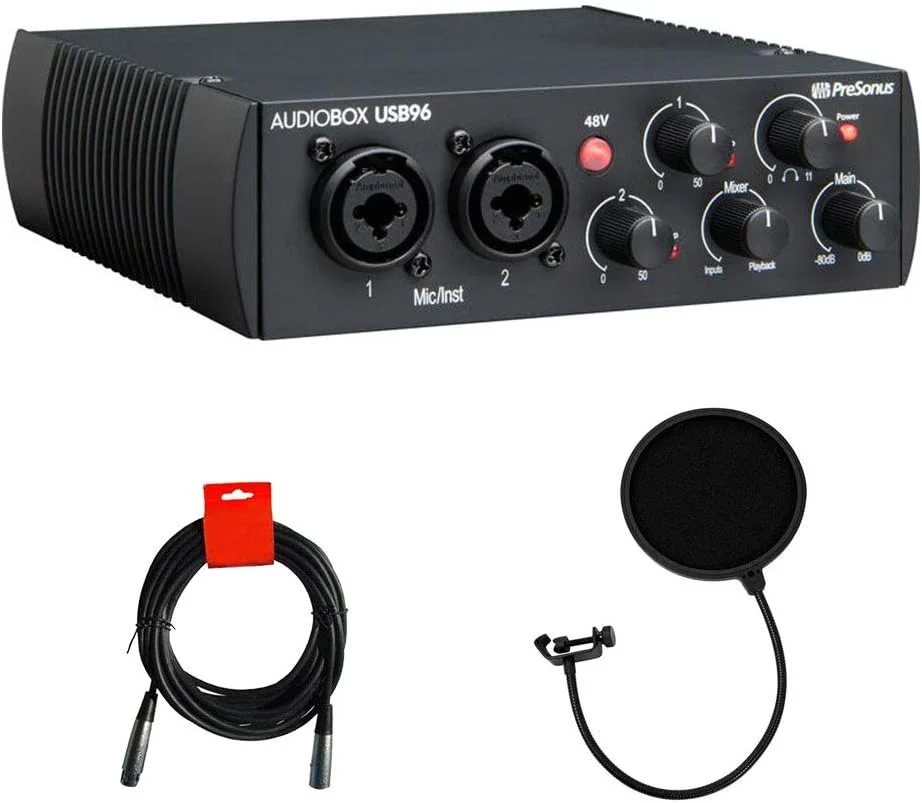 کارت صدای USB پریسونوس AudioBox USB 96 2x2 (مشکی نسخه 25 سالگی) به همراه پاپ فیلتر و کابل XLR