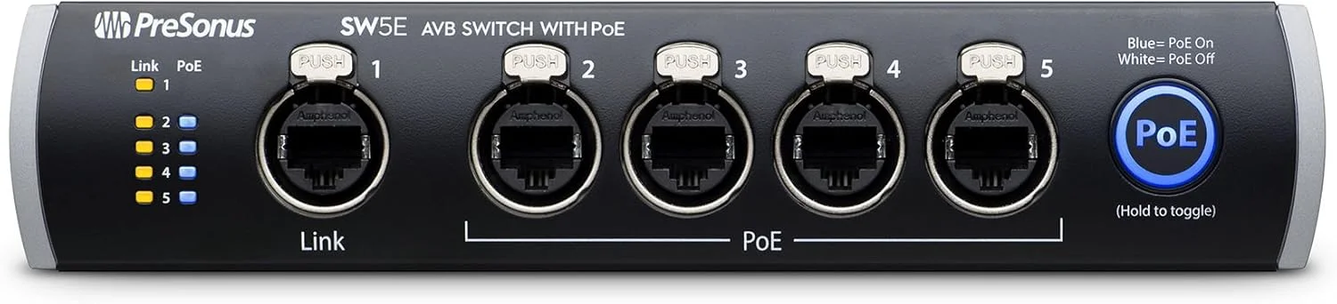 سوئیچ 5 پورت AVB با PoE پریسونوس SW5E برای کنسول ها، میکسرها، استیج باکس ها، میکسر مانیتورها، بلندگوهای شبکه AVB