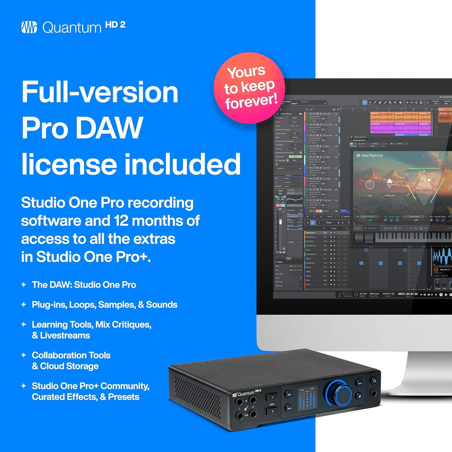 کارت صدای Presonus Quantum HD 2 20 x 24 با کیفیت 32 بیتی / 192 کیلوهرتز USB-C به همراه Studio One Pro و عضویت 12 ماهه Studio One+ Hybrid