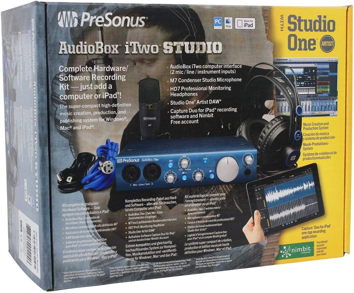 پکیج استودیویی Presonus Audiobox iTwo شامل کارت صدای USB 2x2، میکروفون و هدفون