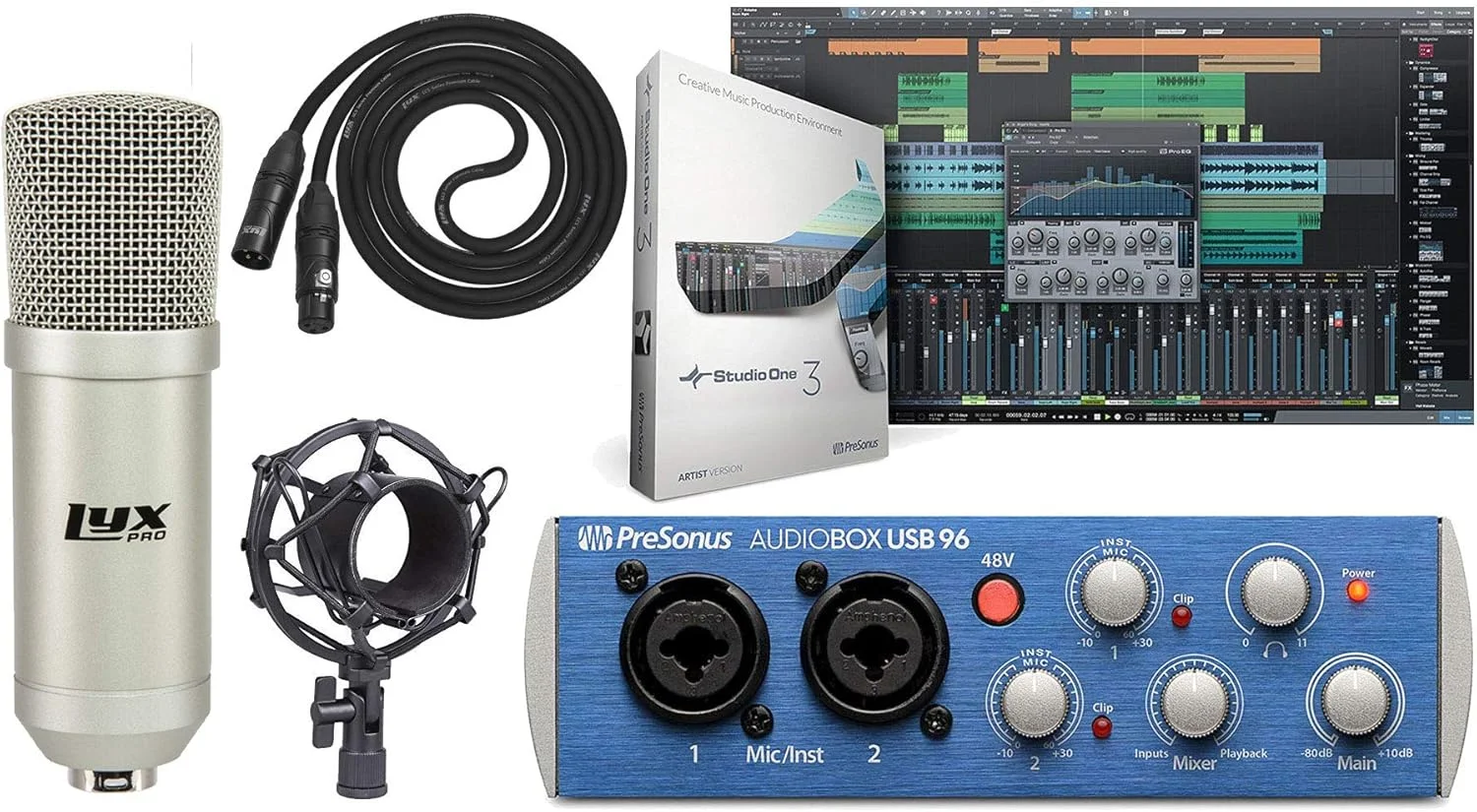 کیت کارت صدای USB 2.0 Presonus AudioBox 96 به همراه نرم افزار Studio One Artist، میکروفون کاندنسر، لرزه گیر و کابل XLR (رنگ کارت صدا ممکن است آبی یا مشکی باشد)