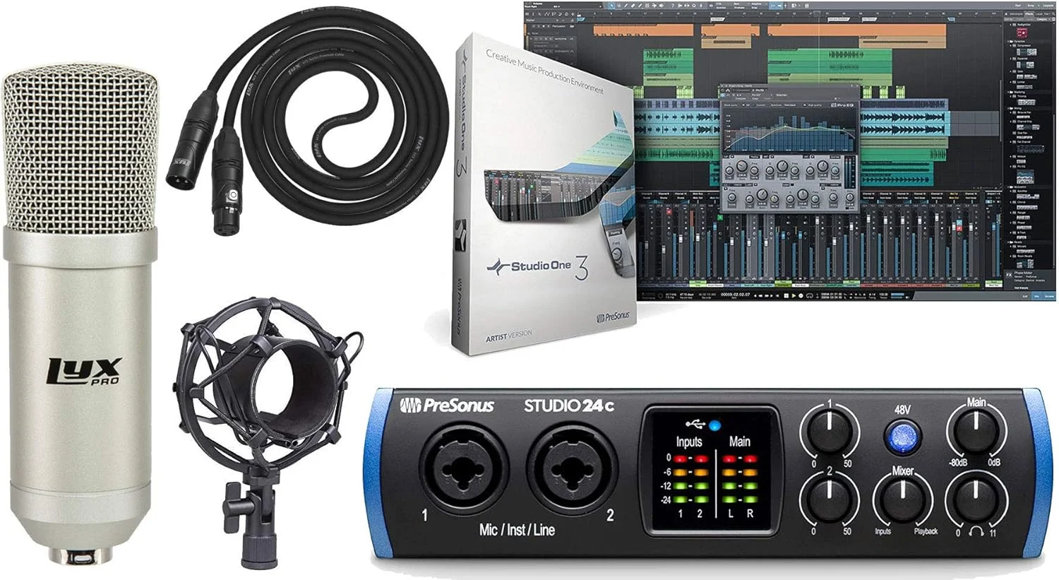 اینترفیس صوتی/MIDI پری‌سونوس Studio 24c 2x2 USB Type-C به همراه کیت نرم‌افزاری Studio One Artist، به همراه میکروفون کاندنسر، شاک‌مونت و کابل XLR