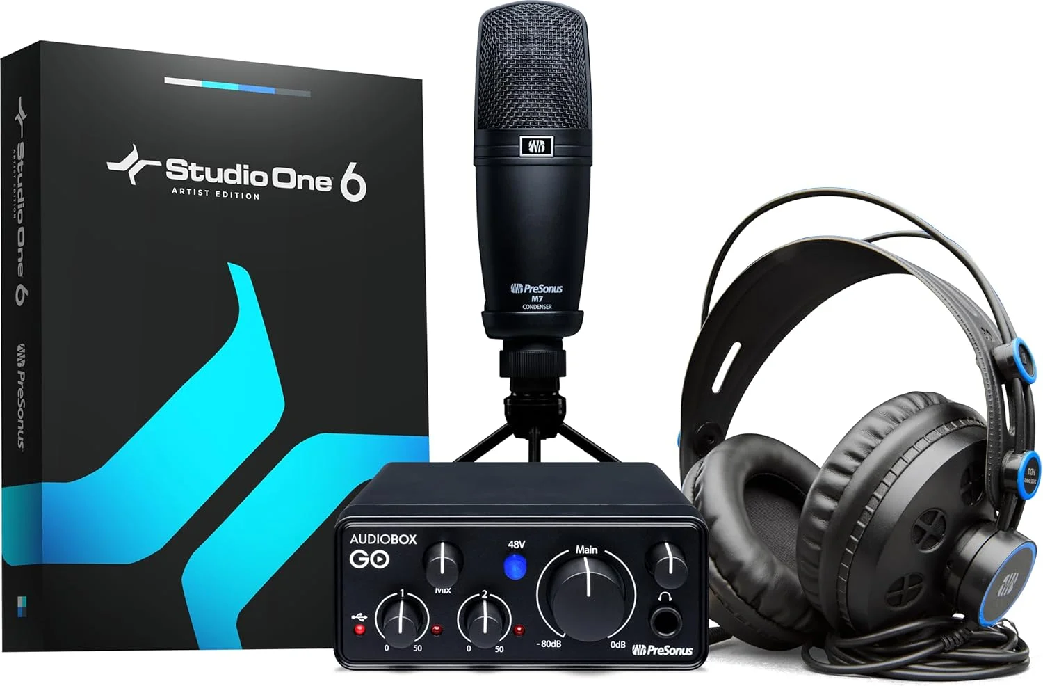 بسته تولید محتوای AudioBox GO شامل کارت صدای USB 2x2/24 بیت / 96 کیلوهرتز، میکروفون کاندنسر کاردیوئید، هدفون های مانیتورینگ حرفه ای و دسترسی به نرم افزار تولید موسیقی Studio One Pro DAW