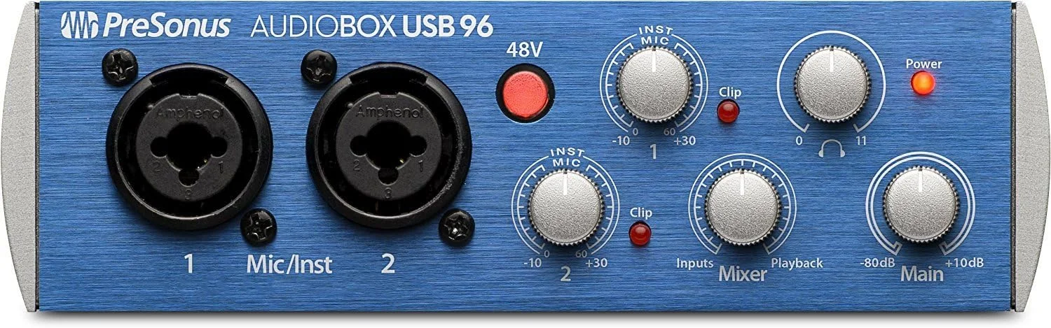 کیت کارت صدای USB 2.0 Presonus AudioBox 96 به همراه نرم افزار Studio One Artist، میکروفون کاندنسر، لرزه گیر و کابل XLR (رنگ کارت صدا ممکن است آبی یا مشکی باشد)