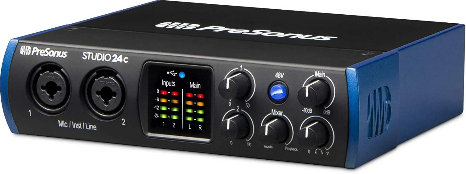 اینترفیس صوتی/MIDI پریسونوس Studio 24c 2x2 USB Type-C به همراه کیت نرمافزاری Studio One Artist، به همراه میکروفون کاندنسر، شاکمونت و کابل XLR اینترفیس صوتی/MIDI پریسونوس Studio 24c 2x2 USB Type-C به همراه کیت نرمافزاری Studio One Artist، به همراه میکروفون کاندنسر، شاکمونت و کابل XLR