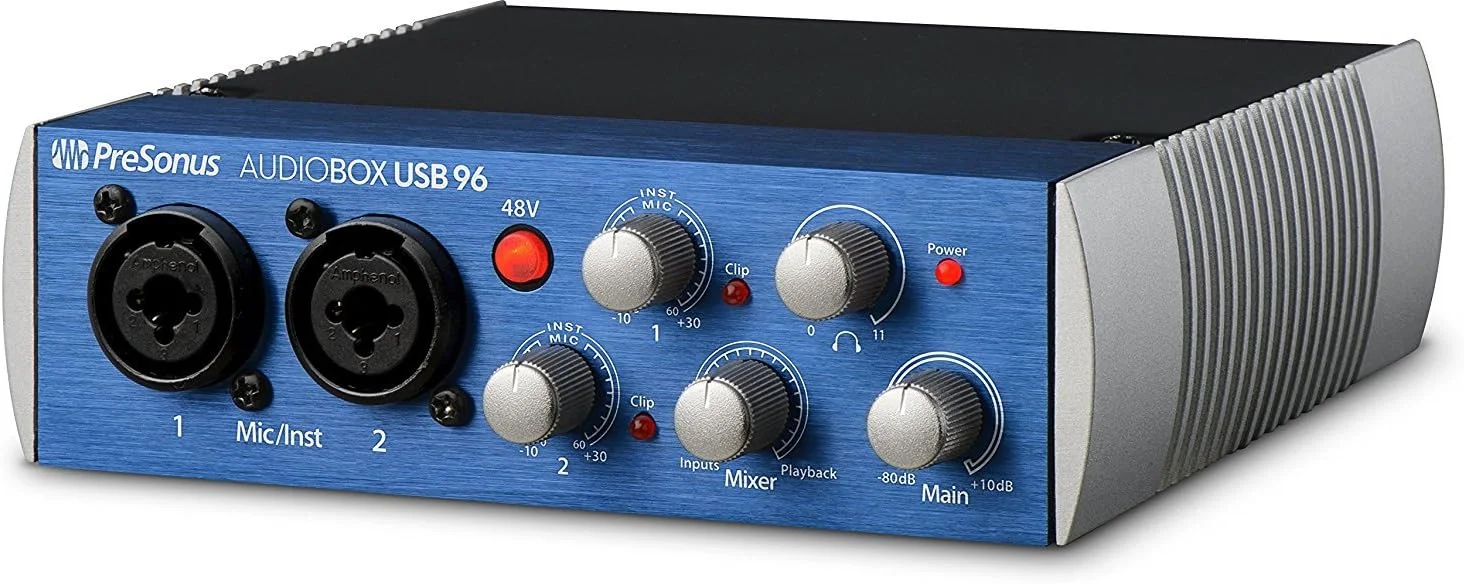 کیت کارت صدای USB 2.0 Presonus AudioBox 96 به همراه نرم افزار Studio One Artist، میکروفون کاندنسر، لرزه گیر و کابل XLR (رنگ کارت صدا ممکن است آبی یا مشکی باشد)