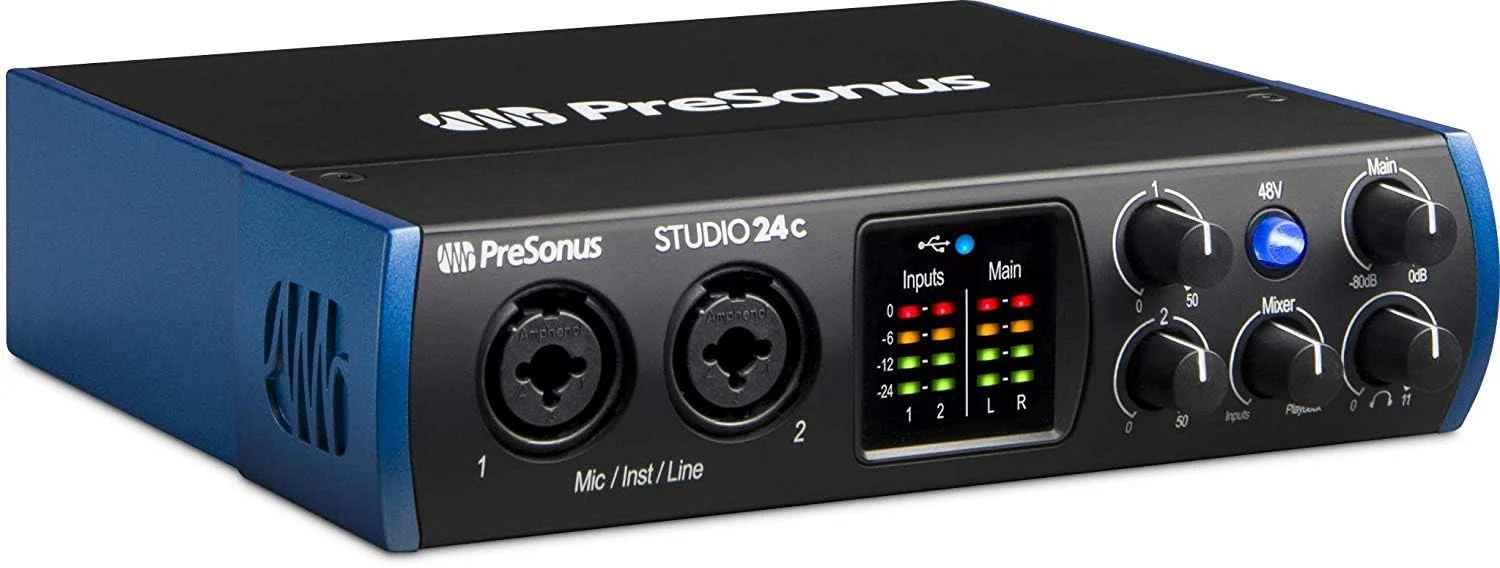 اینترفیس صوتی/MIDI پریسونوس Studio 24c 2x2 USB Type-C به همراه کیت نرمافزاری Studio One Artist، به همراه میکروفون کاندنسر، شاکمونت و کابل XLR اینترفیس صوتی/MIDI پریسونوس Studio 24c 2x2 USB Type-C به همراه کیت نرمافزاری Studio One Artist، به همراه میکروفون کاندنسر، شاکمونت و کابل XLR