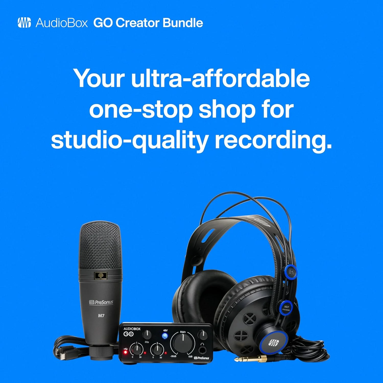 بسته تولید محتوای AudioBox GO شامل کارت صدای USB 2x2/24 بیت / 96 کیلوهرتز، میکروفون کاندنسر کاردیوئید، هدفون های مانیتورینگ حرفه ای و دسترسی به نرم افزار تولید موسیقی Studio One Pro DAW