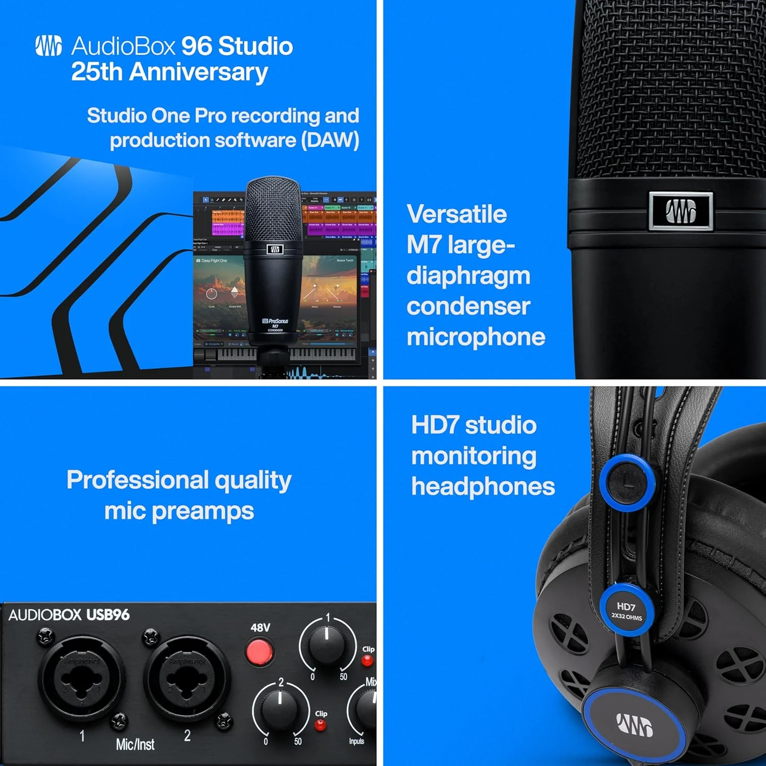 پکیج استودیویی Presonus Audiobox 96 نسخه 25 سالگی - کارت صدا، میکروفون، هدفون و نرم افزار پکیج استودیویی Presonus Audiobox 96 نسخه 25 سالگی - کارت صدا، میکروفون، هدفون و نرم افزار