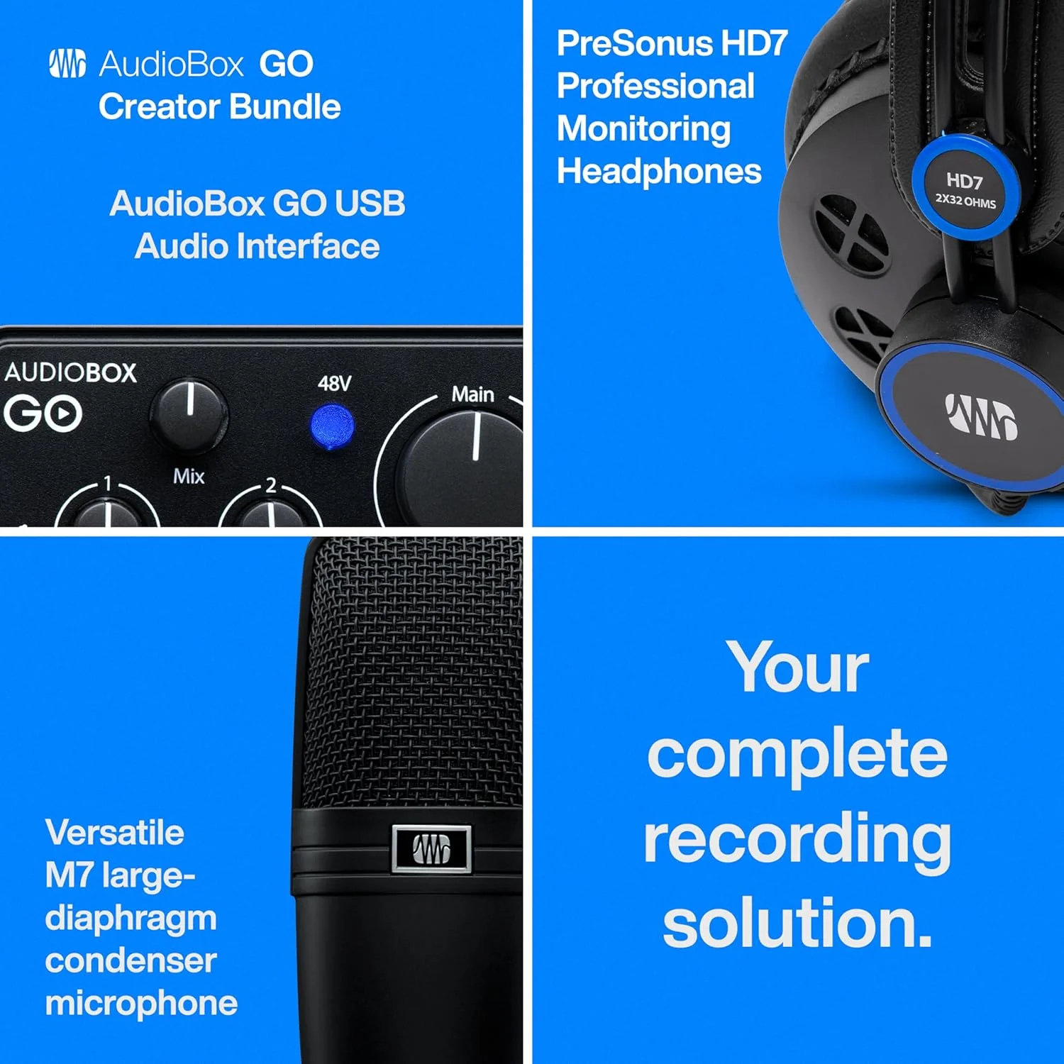 بسته تولید محتوای AudioBox GO شامل کارت صدای USB 2x2/24 بیت / 96 کیلوهرتز، میکروفون کاندنسر کاردیوئید، هدفون های مانیتورینگ حرفه ای و دسترسی به نرم افزار تولید موسیقی Studio One Pro DAW