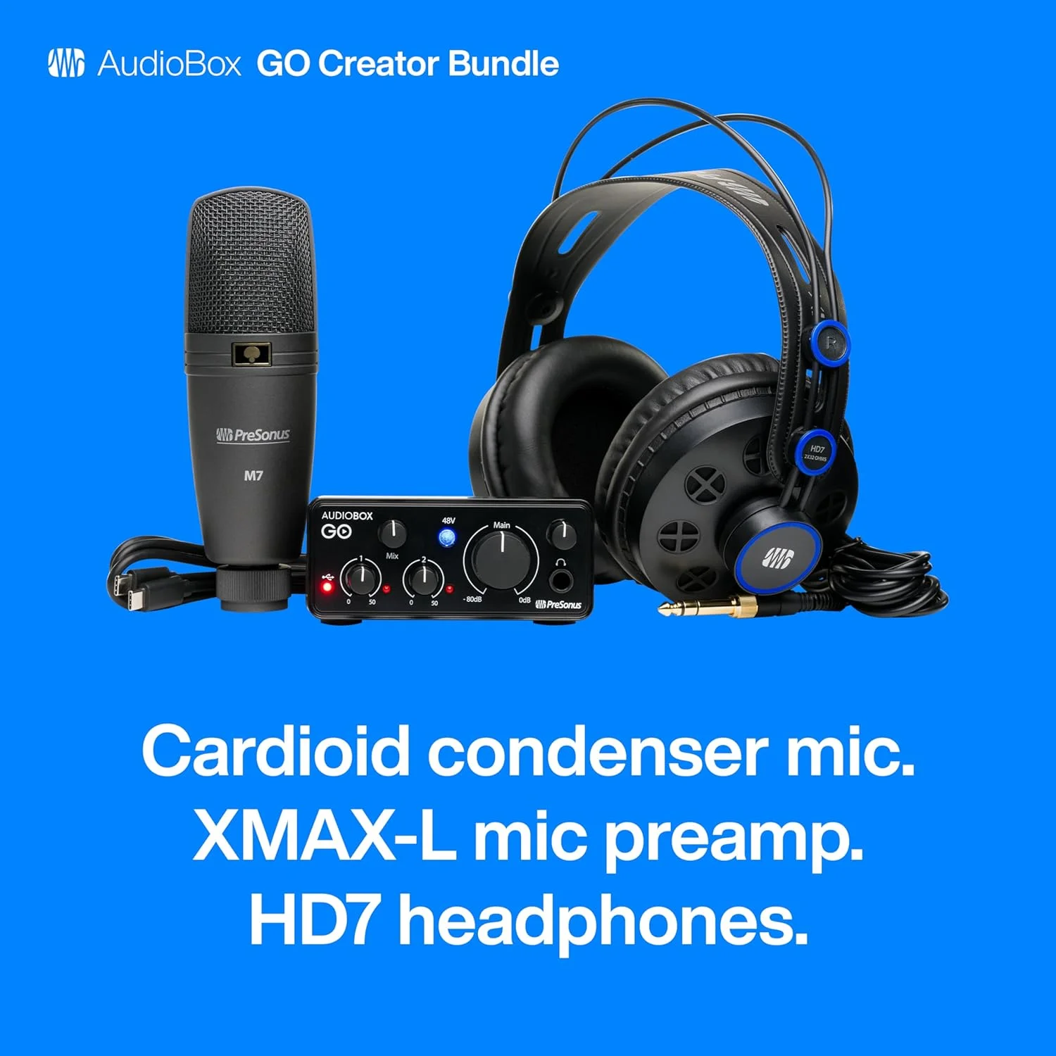 بسته تولید محتوای AudioBox GO شامل کارت صدای USB 2x2/24 بیت / 96 کیلوهرتز، میکروفون کاندنسر کاردیوئید، هدفون های مانیتورینگ حرفه ای و دسترسی به نرم افزار تولید موسیقی Studio One Pro DAW