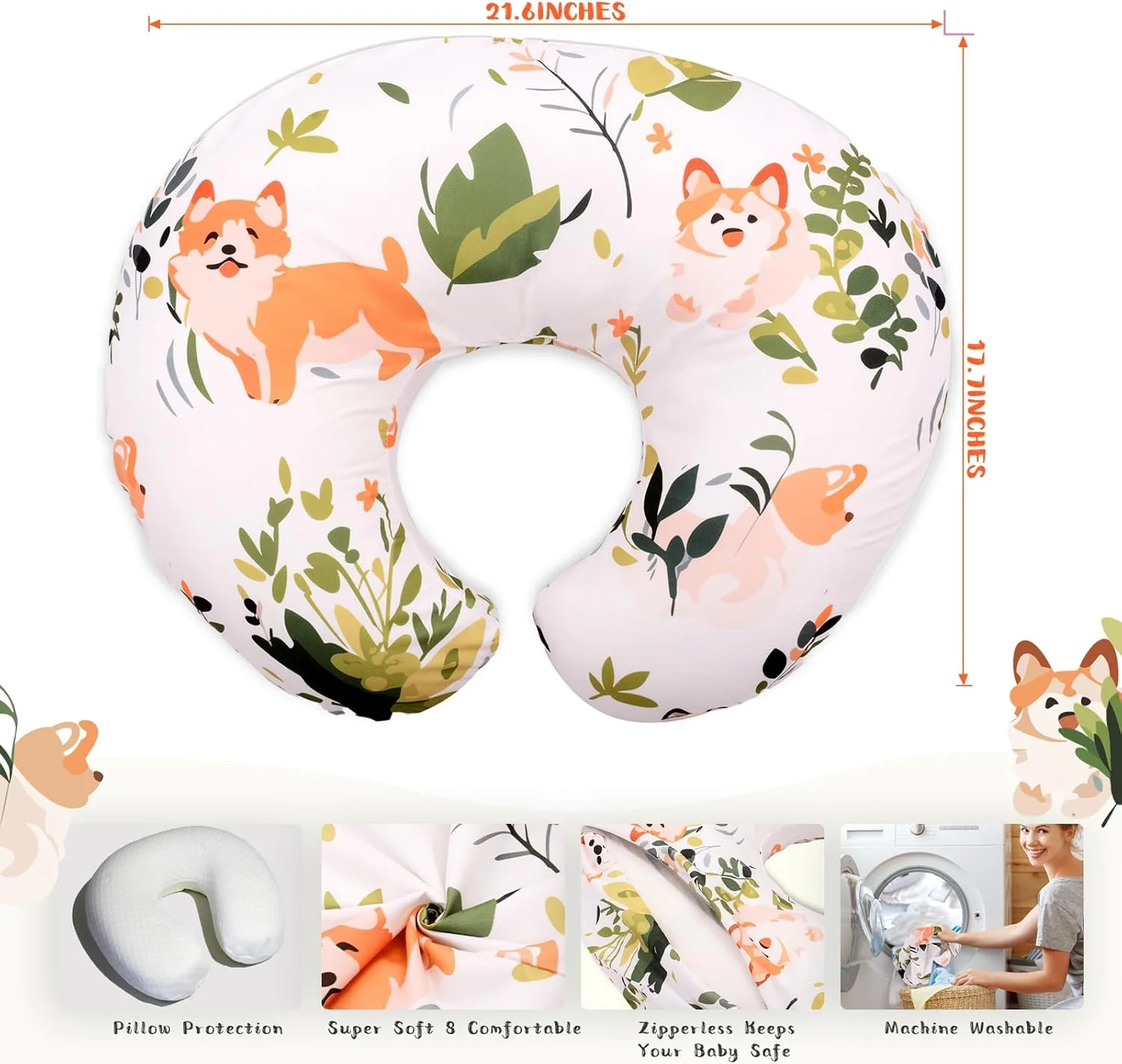 روکش بالش شیردهی Cloele برای بالش های شیردهی - روکش بالش شیردهی سگ برای نوزادان پسر و دختر، روکش بالش شیردهی فوق العاده نرم برای نوزاد تازه متولد شده - سگ و برگ سبز