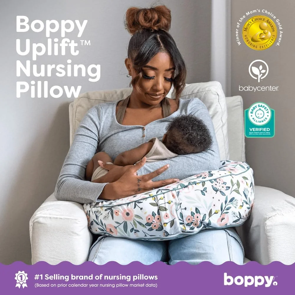 بالش شیردهی بوپی مدل Uplift - بالش شیردهی و بطری برای کاهش علائم رفلاکس و بالا آوردن شیر، با دهانه و کمربند مناسب بدن، تایید شده توسط Baby Safety Alliance - گل های باغ صورتی