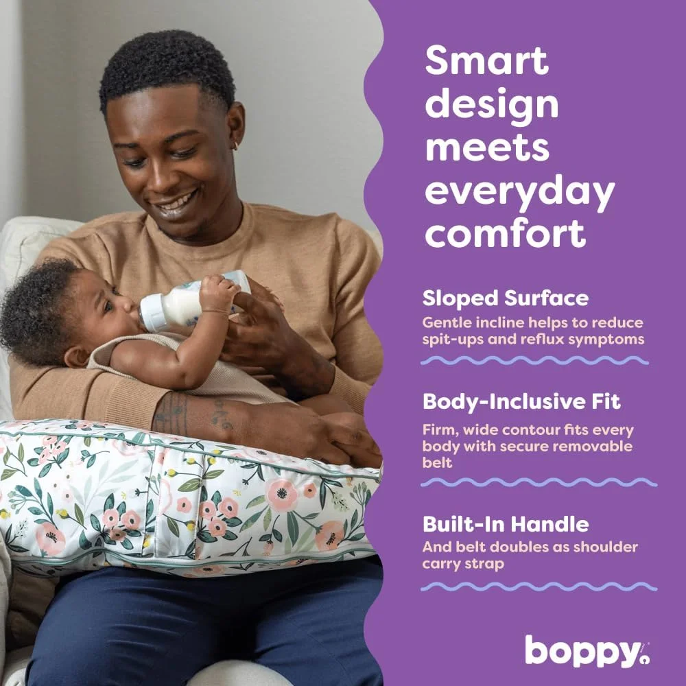 بالش شیردهی بوپی مدل Uplift - بالش شیردهی و بطری برای کاهش علائم رفلاکس و بالا آوردن شیر، با دهانه و کمربند مناسب بدن، تایید شده توسط Baby Safety Alliance - گل های باغ صورتی