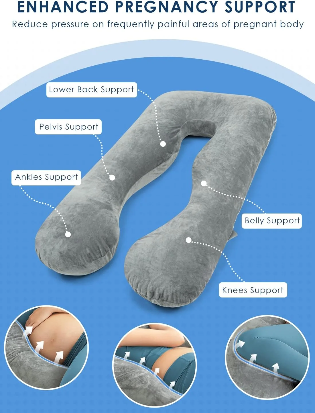 بالش بارداری مخملی U شکل Queen Rose با روکش زیپ دار قابل جدا شدن (خاکستری)