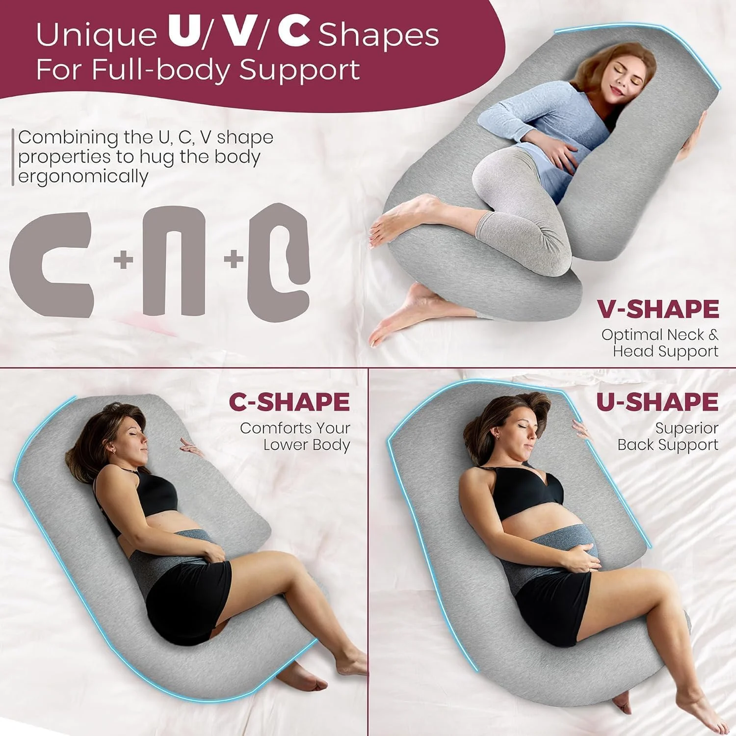 بالش بارداری Skade برای خواب - بالش تمام بدن V C U شکل با روکش قابل جدا شدن، بالش بارداری 57 اینچی برای زنان باردار، پشتیبانی از پشت شکم پاها لگن (خاکستری نخی) بالش بارداری Skade برای خواب - بالش تمام بدن V C U شکل با روکش قابل جدا شدن، بالش بارداری 57 اینچی برای زنان باردار، پشتیبانی از پشت شکم پاها لگن (خاکستری نخی)