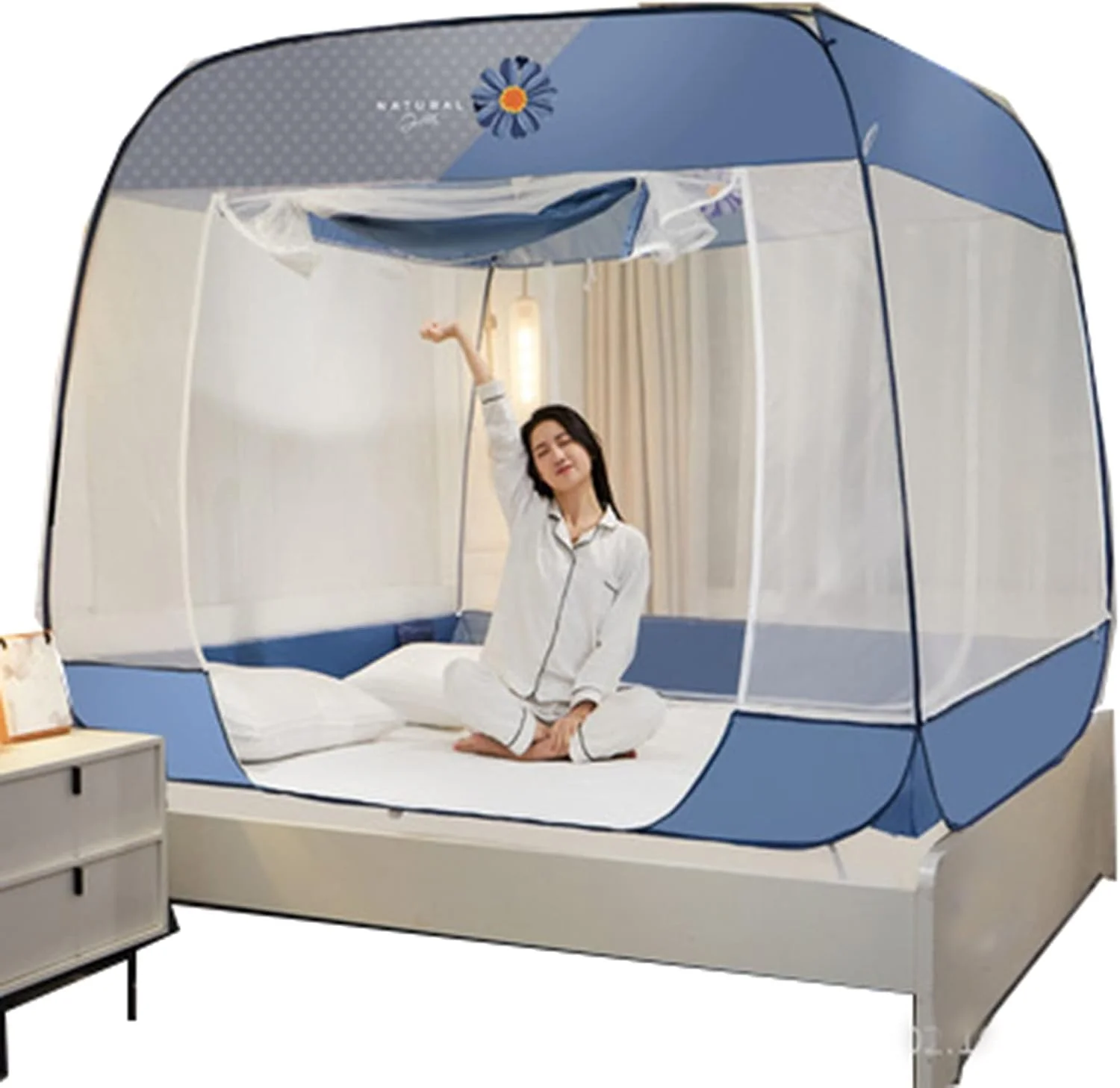 پشه بند توری ZJCQA تاشو برای تخت یک نفره و دو نفره، مدل نشسته، سه درب تاشو مناسب منزل