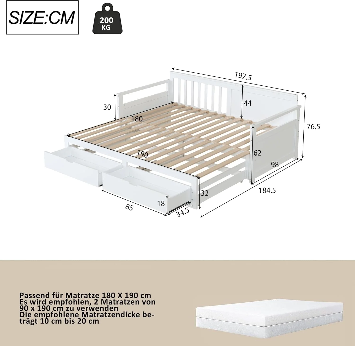تخت خواب دو منظوره YESGIGA مدل Day Bed 90 (180) x 190 سانتی متر با تخت چوبی کاج، کشوها و تختخواب کشویی (سفید) تخت خواب دو منظوره YESGIGA مدل Day Bed 90 (180) x 190 سانتی متر با تخت چوبی کاج، کشوها و تختخواب کشویی (سفید)