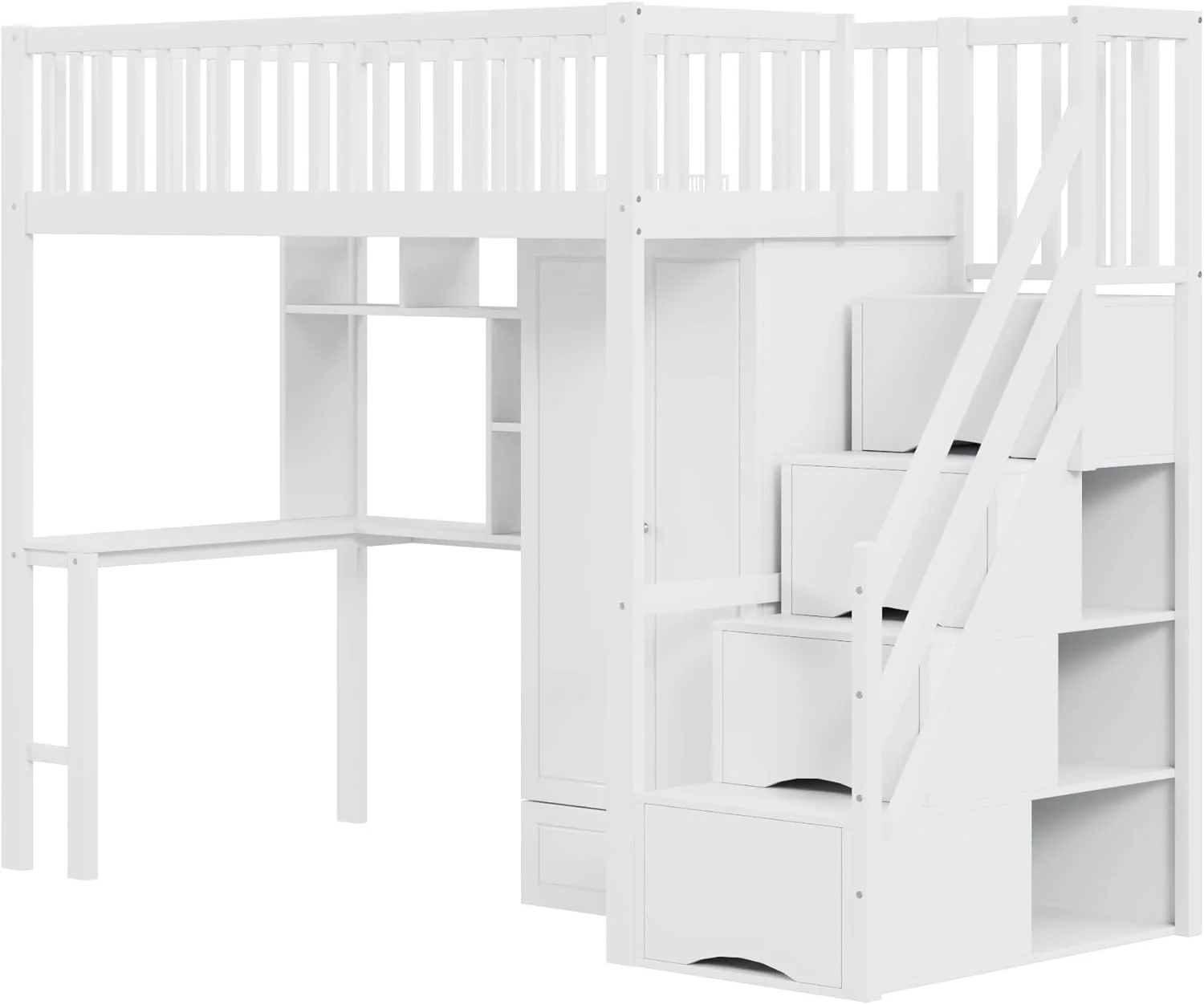 تخت خواب مرتفع YESGIGA سایز 90x200 با کمد بزرگ، قفسه و میز، فضای ذخیره سازی، راه پله، تخت چند منظوره، قاب تخت چوبی (سفید) تخت خواب مرتفع YESGIGA سایز 90x200 با کمد بزرگ، قفسه و میز، فضای ذخیره سازی، راه پله، تخت چند منظوره، قاب تخت چوبی (سفید)