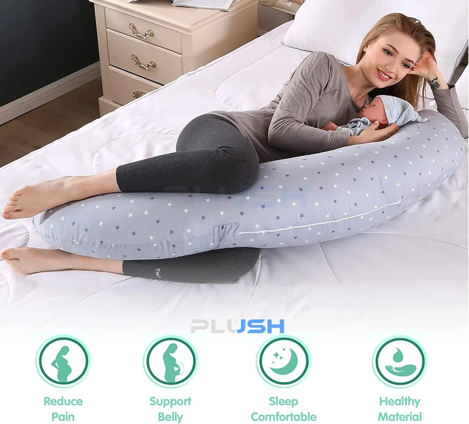 بالش بارداری و شیردهی دو منظوره PLUSH، طراحی شده برای شیردهی نوزاد و پشتیبانی از بدن مادر - روکش بالش 100% پنبه قابل شستشو بالش بارداری و شیردهی دو منظوره PLUSH، طراحی شده برای شیردهی نوزاد و پشتیبانی از بدن مادر - روکش بالش 100% پنبه قابل شستشو