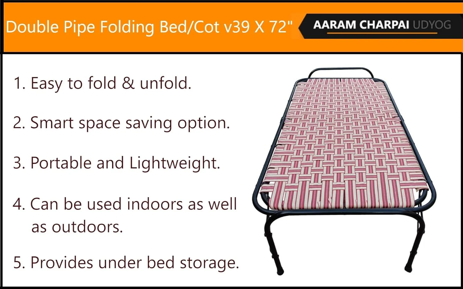 تخت تاشو دو لوله AARAM CHARPAI UDYOG سایز 39 در 72 | تخت تاشو برای خواب | فوق العاده قوی (39" X 72") تخت تاشو دو لوله AARAM CHARPAI UDYOG سایز 39 در 72 | تخت تاشو برای خواب | فوق العاده قوی (39" X 72")