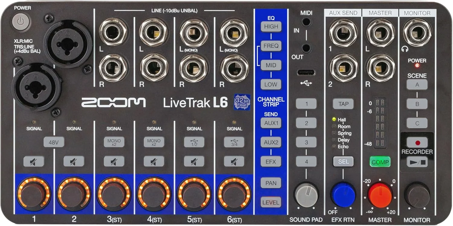 میکسر/ضبط کننده دیجیتال زوم LiveTrak L6، با قابلیت کارکرد با باتری، 32 بیتی شناور، 10 کانال، 2 ورودی کمبو + 4 ورودی استریو، MIDI، افکت ها، پدهای صدا، اکولایزر 3 باندی، رابط صوتی، برای موسیقی و استریمینگ میکسر/ضبط کننده دیجیتال زوم LiveTrak L6، با قابلیت کارکرد با باتری، 32 بیتی شناور، 10 کانال، 2 ورودی کمبو + 4 ورودی استریو، MIDI، افکت ها، پدهای صدا، اکولایزر 3 باندی، رابط صوتی، برای موسیقی و استریمینگ