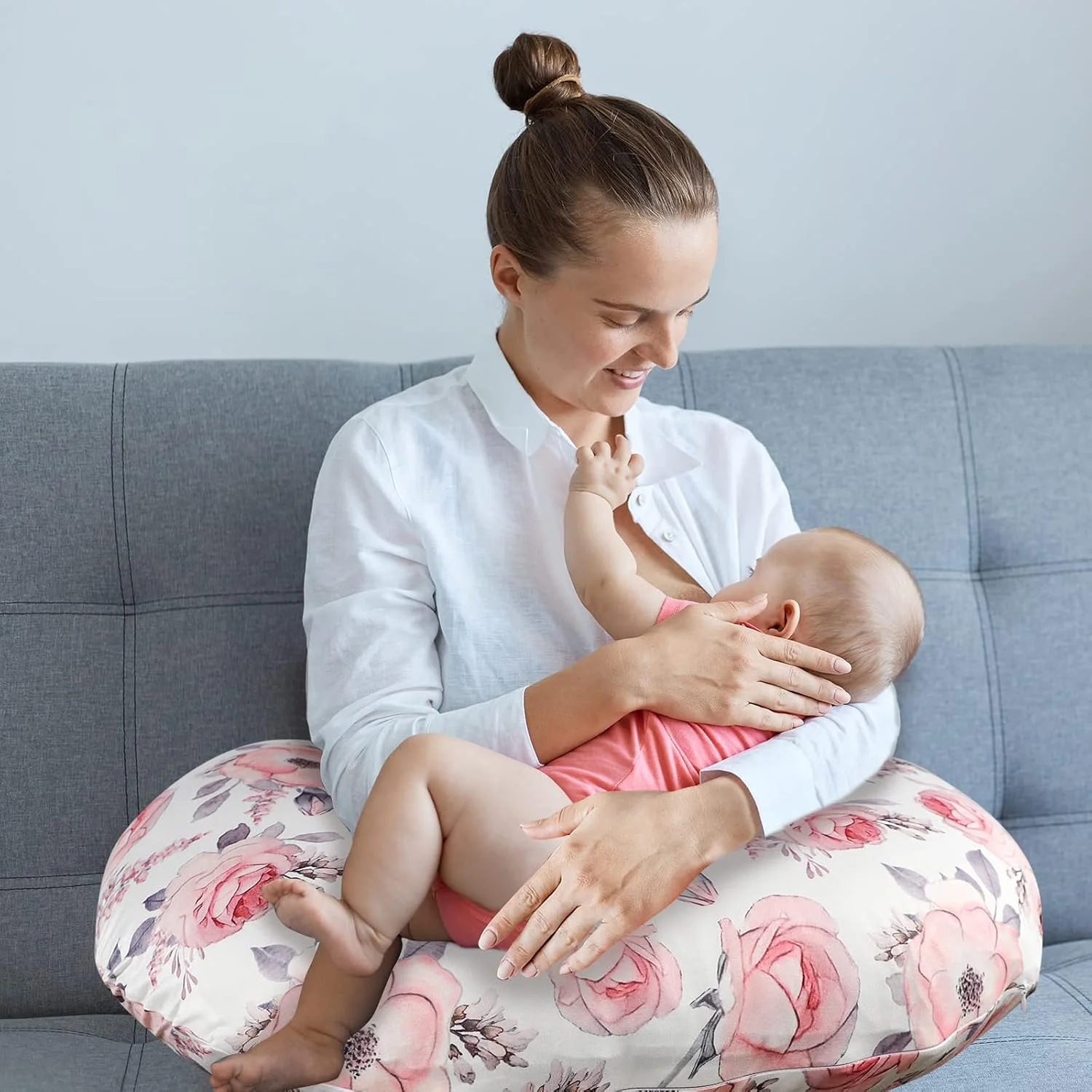 روکش بالش شیردهی دخترانه SWESEN، روکش بالش شیردهی طرح گلدار برای نوزاد، مناسب برای بالش شیردهی نوزاد، فوق العاده نرم و قابل تنفس، گل صورتی