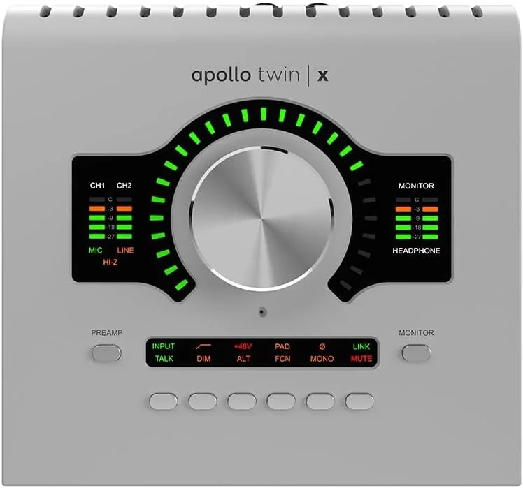 کارت صدای یونیورسال آدیو Apollo Twin X QUAD Gen 2 و Studio+ با 10 ورودی/6 خروجی، 24 بیت/192 کیلوهرتز، رابط صوتی تاندربولت 3 با پردازنده QUAD Core، 2 پری امپ Unison، Auto-Gain، تصحیح مانیتورینگ