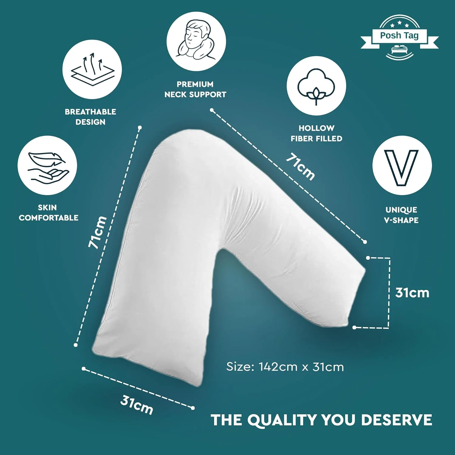 بالش وی (V) تگ پوش با روبالشی، الیاف توخالی پر شده اضافی برای حمایت از گردن، بارداری و شیردهی، فوق العاده نرم و راحت