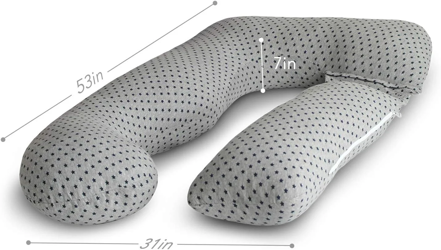 بالش بارداری فارم داک، U شکل (طرح ستاره های خاکستری جرسی، جداشدنی) بالش تمام بدن و پشتیبانی بارداری برای پشت، باسن، پاها، شکم برای زنان باردار، ستاره های خاکستری جرسی